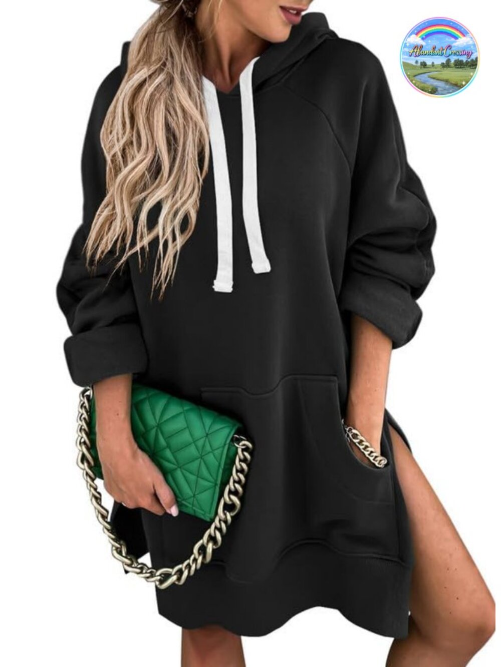 Oversized Hoodie Dress Long Sleeve Pullover Split Hem Drawstring Kangaroo Pocket